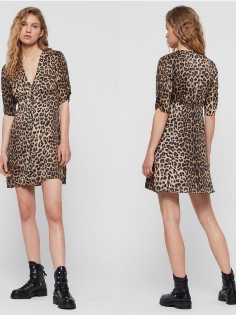 All Saints Leopard Print V-Neck Short Dress - Brown - Picture 2 of 4